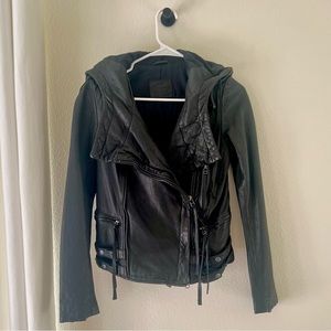 Allsaints Spitalfields black leather jacket with hood. Size: US 4 (UK 8)